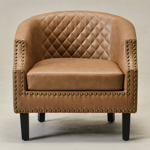 Louis Faux Leather Tufted Club Chair - Camel Accent Chair | Decorative Accent Chairs | Kinwell Furniture | Modern Club Chairs | Barrel Club Chair | Nailhead Trim Chair | Contemporary Faux Leather Chair | Elegant Camel Chair